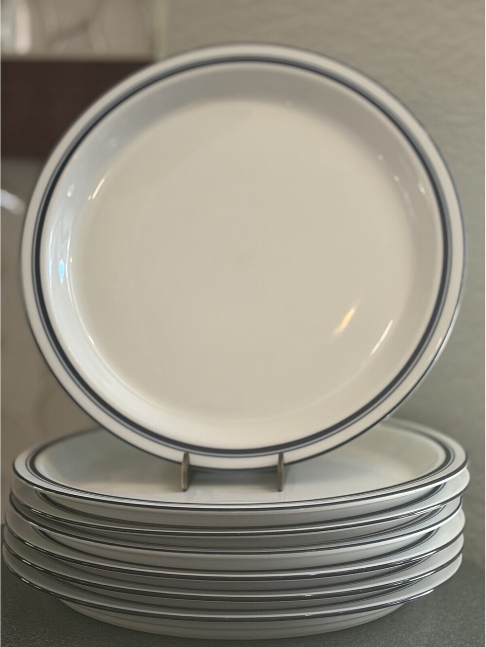 7 Dansk Bistro Christianhavn Blue Rimmed Dinner Plates Blue Stripe EUC